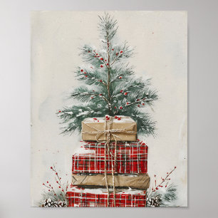 Rustikaler Weihnachtsbaum und Karierter Geschenkst Poster