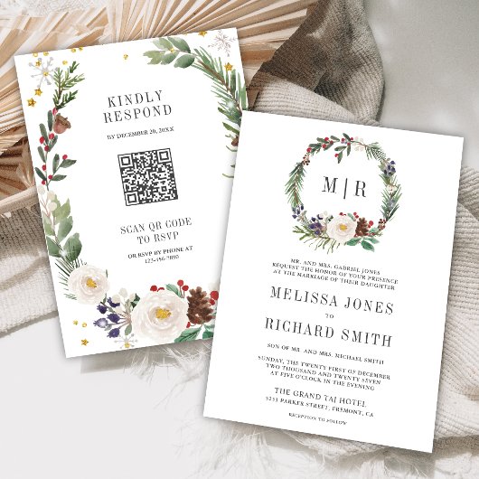 Rustikaler Weihnachtsblumen-Monogramm-QR-Code-Hoch Einladung