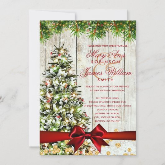 Rustikaler Weihnachtsduft Tree Ribbon Gold Glitzer Einladung (Vorderseite)