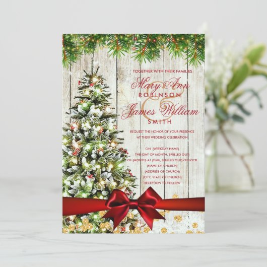 Rustikaler Weihnachtsduft Tree Ribbon Gold Glitzer Einladung (Stehend Vorderseite)