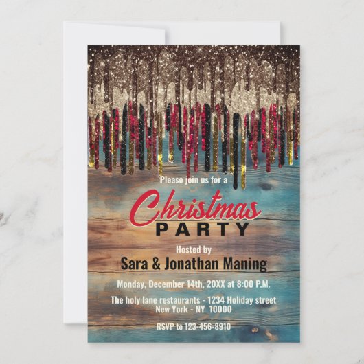 Rustikaler Weihnachtsfeiertag Roter Glitzer Einladung (Vorderseite)