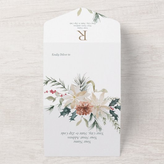 Rustikaler Weihnachtskiefer & Berries White QR Cod All In One Einladung (Außenbereich)