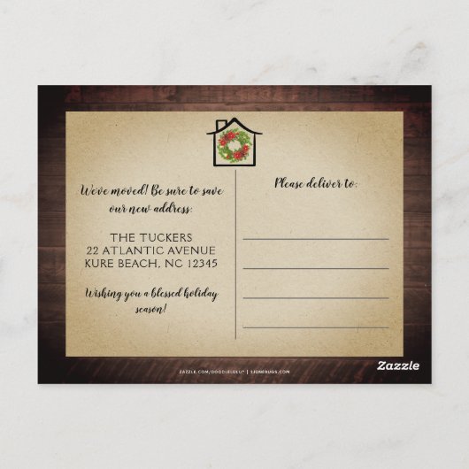 Rustikaler Weihnachtskranz Kariertes Holz New ZUHA Postkarte (Rückseite)