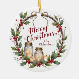 Rustikaler Weihnachtskranz mit Stechpalme Keramik Ornament