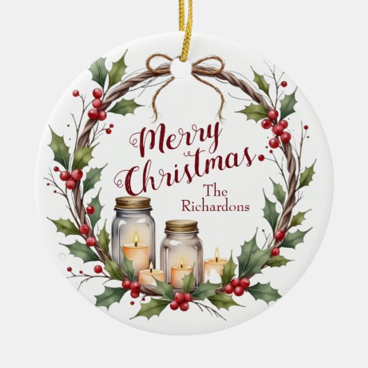 Rustikaler Weihnachtskranz mit Stechpalme Keramik Ornament (Vorne)