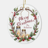 Rustikaler Weihnachtskranz mit Stechpalme Keramik Ornament (Links)