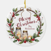 Rustikaler Weihnachtskranz mit Stechpalme Keramik Ornament (Hinten)