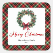 Rustikaler Weihnachtskranz Rot Grün Karierte Aufkl Quadratischer Aufkleber (Vorderseite)