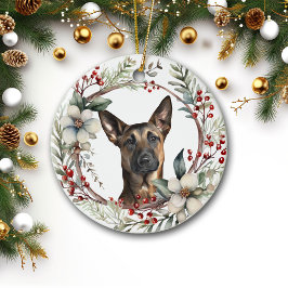 Rustikaler Weihnachtskraut Belgischer Malinois Hun Keramik Ornament