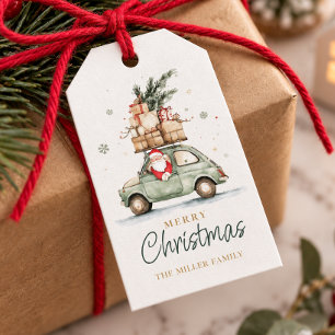 Rustikaler Weihnachtsmann-Auto-Wasserfarben Geschenkanhänger
