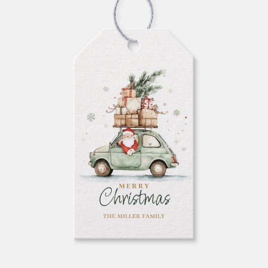 Rustikaler Weihnachtsmann-Auto-Wasserfarben Geschenkanhänger (Vorderseite)