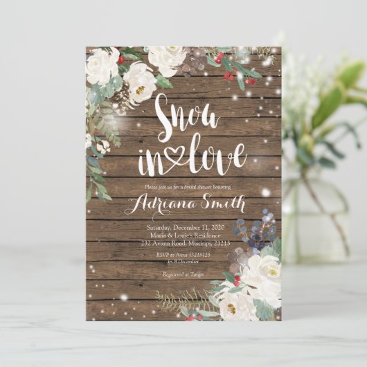 Rustikaler Weihnachtsschnee in Liebe Brautparty Einladung (Stehend Vorderseite)
