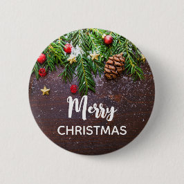 Rustikaler Weihnachtstisch mit Kiefer und Schnee Button