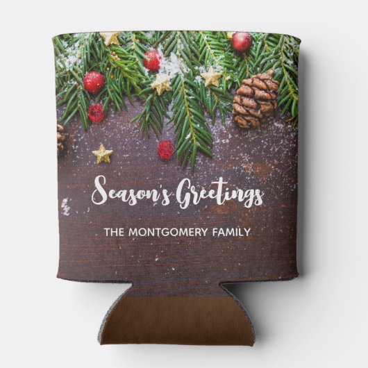 Rustikaler Weihnachtstisch mit Kiefer und Schnee Dosenkühler (Rückseite)