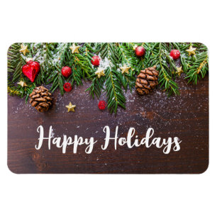 Rustikaler Weihnachtstisch mit Kiefer und Schnee Magnet