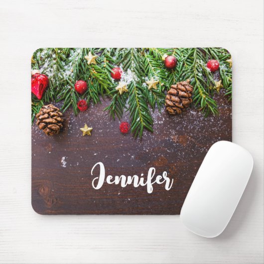 Rustikaler Weihnachtstisch mit Kiefer und Schnee Mousepad (Mit Mouse)