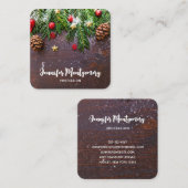 Rustikaler Weihnachtstisch mit Kiefer und Schnee Quadratische Visitenkarte (Vorne/Hinten)