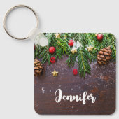 Rustikaler Weihnachtstisch mit Kiefer und Schnee Schlüsselanhänger (Vorderseite)