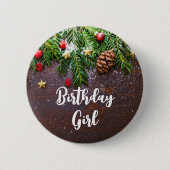 Rustikaler Weihnachtstisch mit Pine & Snow Geburts Button (Vorderseite)