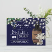 Rustikaler Wein Barrel Floral Jar Navy Blue Geburt Einladung (Stehend Vorderseite)