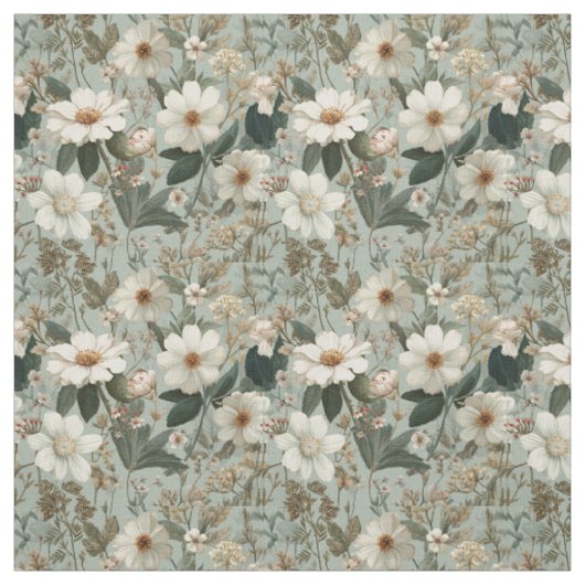 Rustikaler Weiß-Grün-Botanik-Vintage-Boho-Blumenst Stoff (Muster)