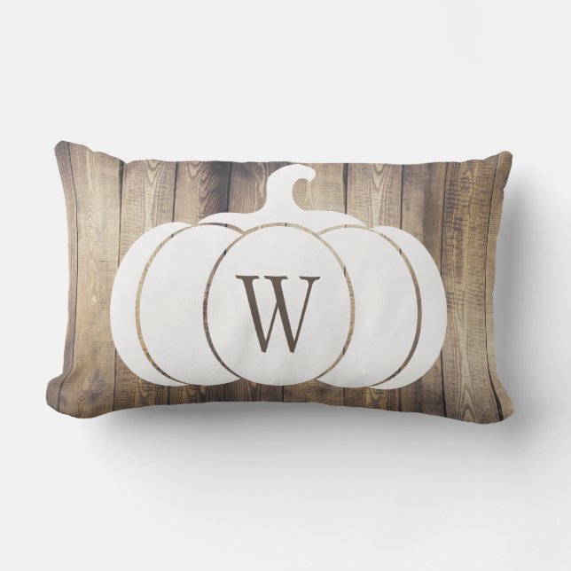 Rustikaler weißer Pumpkin Bauernhof Holz Monogram Lendenkissen (Vorderseite)