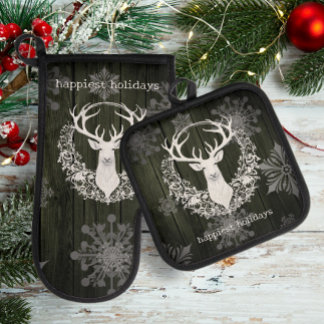 Rustikaler Weißer Rentier | Green Ofenhandschuh & Topflappen-Set