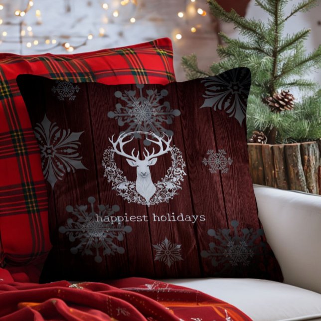Rustikaler Weißer Rentier | Rot Kissen (Red Rustic Watercolor White Reindeer Throw Pillow)