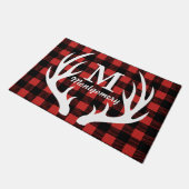 Rustikaler weißer Rotwild-Geweih-Büffel-Karo Fußmatte (Schrägansicht)