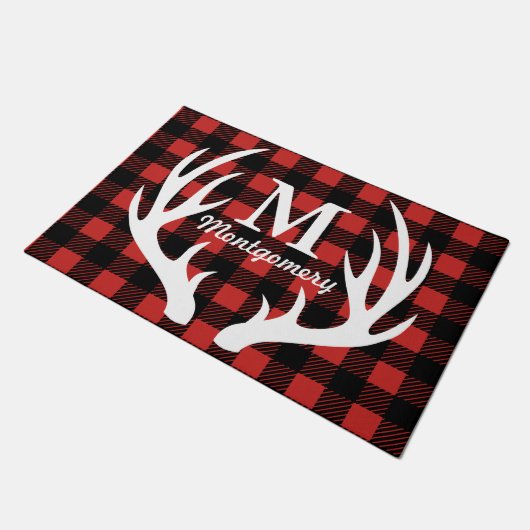 Rustikaler weißer Rotwild-Geweih-Büffel-Karo Fußmatte (Schrägansicht)