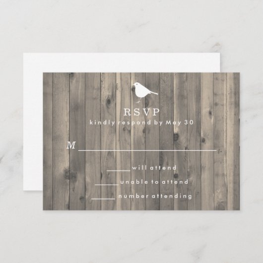 Rustikaler Weißer Vogel auf Holz Hintergrund UAWG RSVP Karte (Vorne/Hinten)