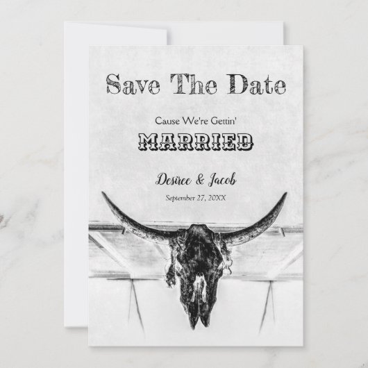 Rustikaler Weißer Western Kuhschädel Save the Date (Vorderseite)