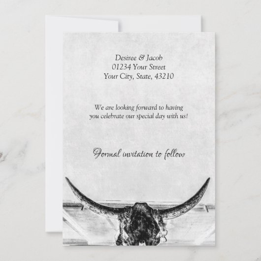 Rustikaler Weißer Western Kuhschädel Save the Date (Rückseite)