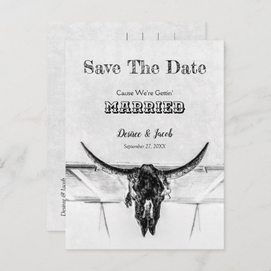 Rustikaler Weißer Western Kuhschädel Save the Date Postkarte (Vorne/Hinten)
