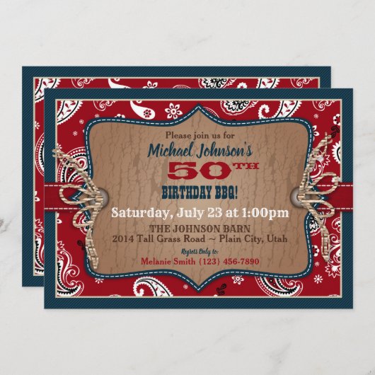 Rustikaler Western Bandanna Print Cowboy Geburtsta Einladung (Vorne/Hinten)