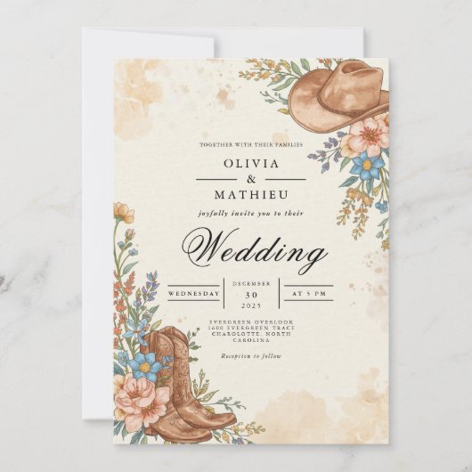 Rustikaler Western Bloom Blüh Wedding Einladung (Vorderseite)