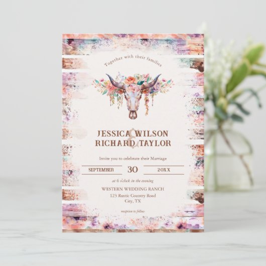 Rustikaler Western Boho Floral Cow Skull Einladung (Stehend Vorderseite)
