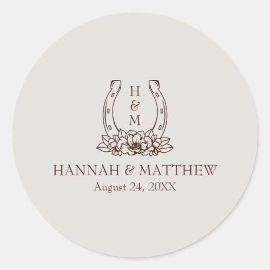 Rustikaler Western Boho Horseshoe Wedding Runder Aufkleber (Vorderseite)