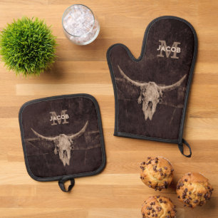Rustikaler Western Braun Beige Alte Bullschädel Mo Ofenhandschuh & Topflappen-Set