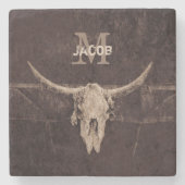 Rustikaler Western Braun Beige Alte Bullschädel Mo Steinuntersetzer (Vorderseite)