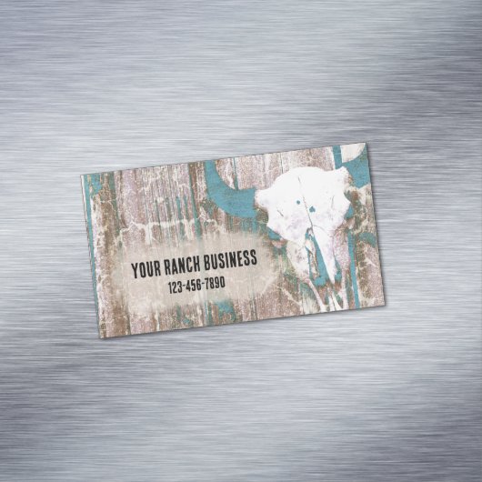 Rustikaler Western Bull Skull Aquamarin Brown Text Magnetische Visitenkarte (Beispiel)