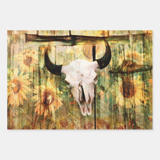 Rustikaler Western Bull Skull Country Sonnenblumen Geschenkpapier Set (Vorderseite)