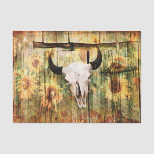 Rustikaler Western Bull Skull Country Sonnenblumen Seidenpapier (Vorderseite)