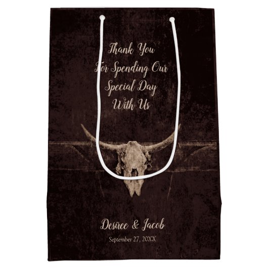 Rustikaler Western Bull Skull Hochzeit Land Textur Mittlere Geschenktüte (Rückseite)