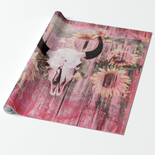 Rustikaler Western Bull Skull Pink Gelbe Sonnenblu Geschenkpapier (Ungerollt)