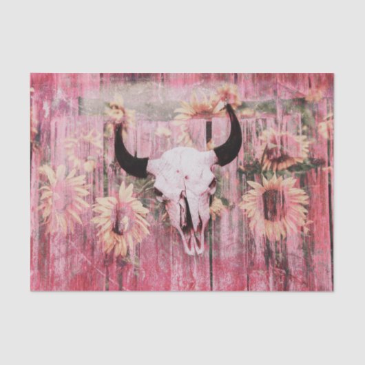 Rustikaler Western Bull Skull Pink Gelbe Sonnenblu Seidenpapier (Vorderseite)