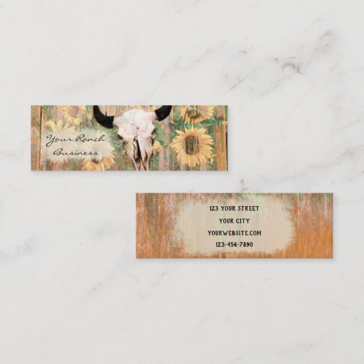 Rustikaler Western Bull Skull Sonnenblumen Mini Visitenkarte (Vorne/Hinten)