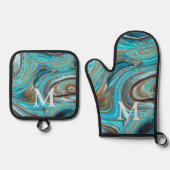 Rustikaler Western Country Blue Türkise Monogram Ofenhandschuh & Topflappen-Set (Vorderseite)