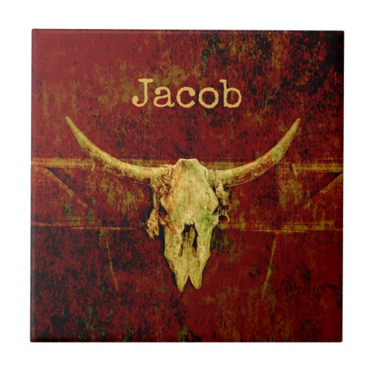 Rustikaler Western Country Brown Grunge Bull Skull Fliese (Vorderseite)