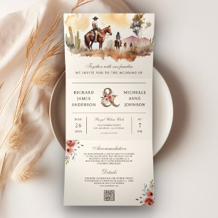 Rustikaler Western Cowboy All in One QR Code Weddi Dreifach Gefaltete Einladung